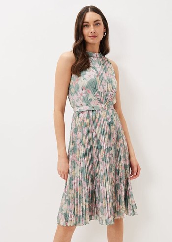 Phase Eight Simara Floral Pleated Dress Olive/Multicolor Australia | UB3856092